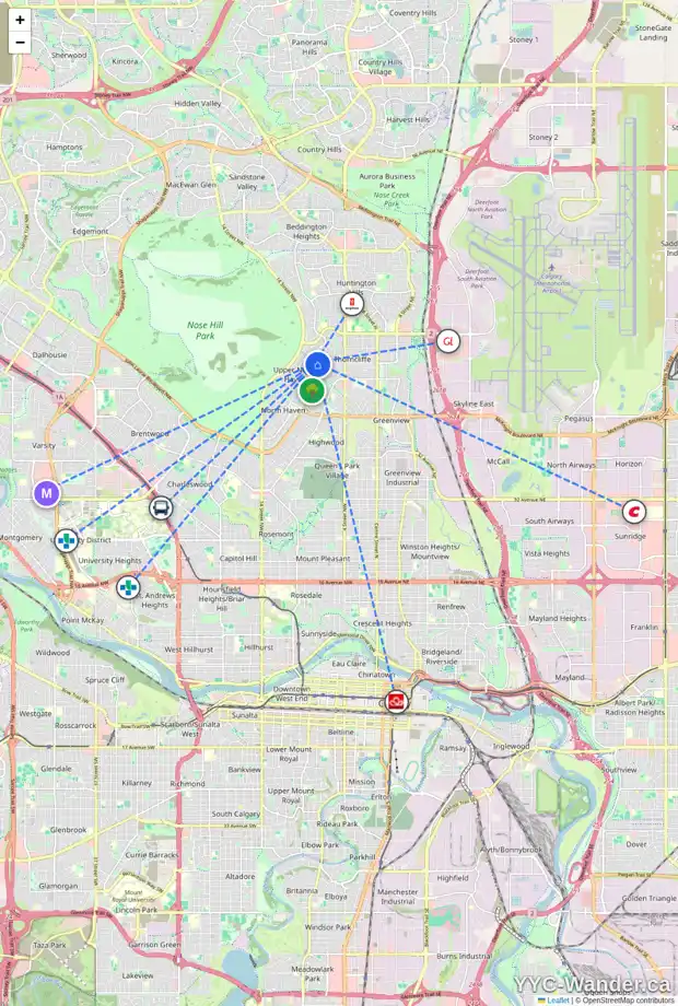 Daily accessibility map for 144 THAMES CL NW, Calgary showing nearby schools, grocery stores, parks, LRT stations and nearby amenities