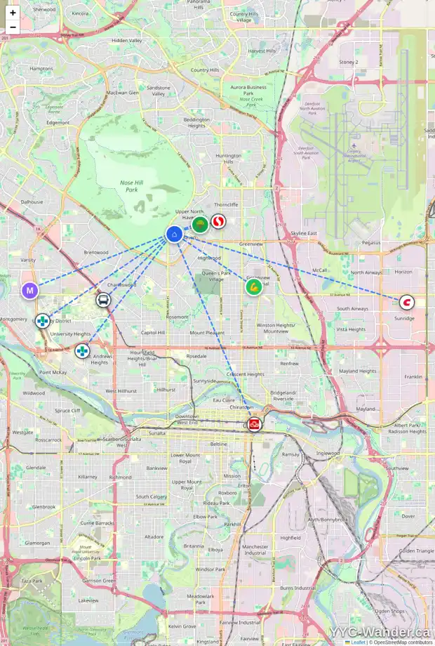 Daily accessibility map for 1328 48 AV NW, Calgary showing nearby schools, grocery stores, parks, LRT stations and nearby amenities