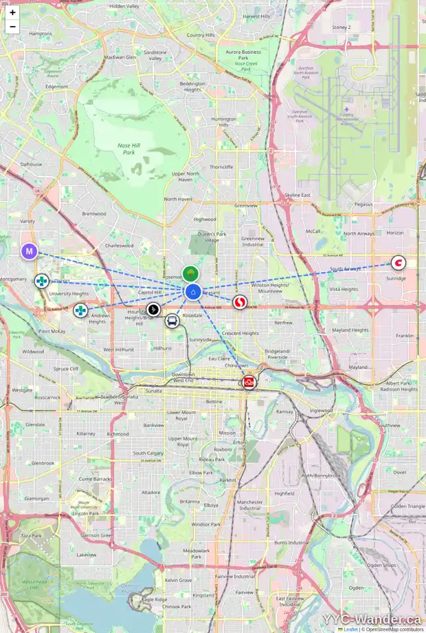 Daily accessibility map for 920 21 AV NW, Calgary showing nearby schools, grocery stores, parks, LRT stations and nearby amenities
