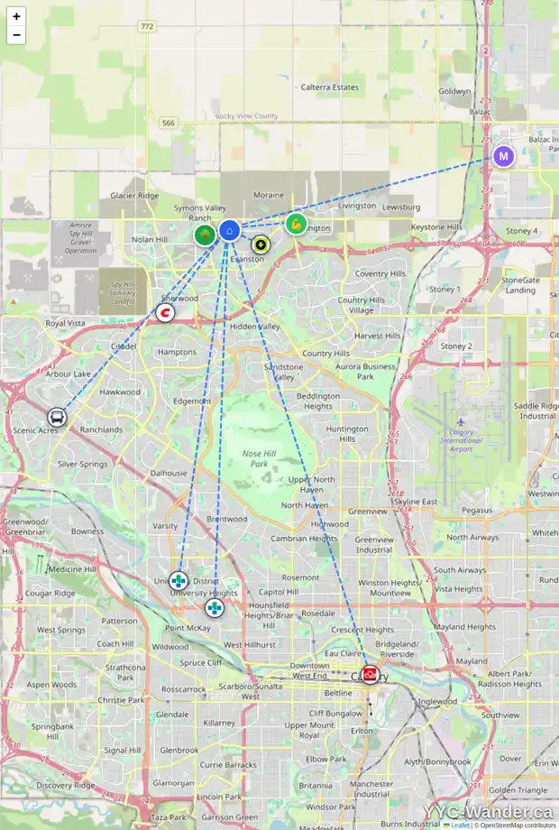 Daily accessibility map for 25 EVANSBOROUGH HL NW, Calgary showing nearby schools, grocery stores, parks, LRT stations and nearby amenities
