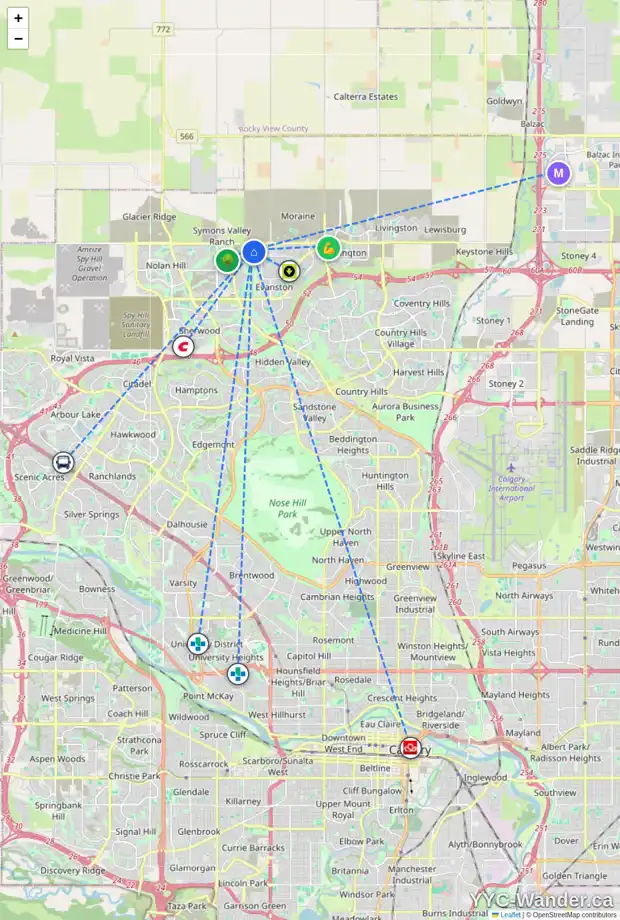 Daily accessibility map for 393 EVANSBOROUGH WY NW, Calgary showing nearby schools, grocery stores, parks, LRT stations and nearby amenities
