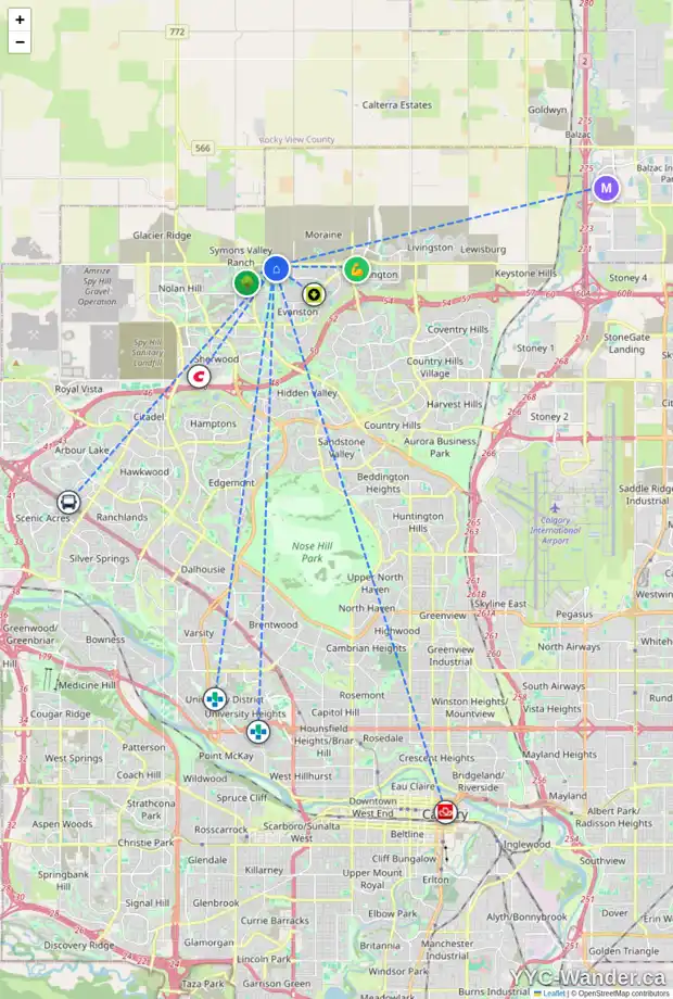 Daily accessibility map for 59 EVANSBOROUGH RD NW, Calgary showing nearby schools, grocery stores, parks, LRT stations and nearby amenities