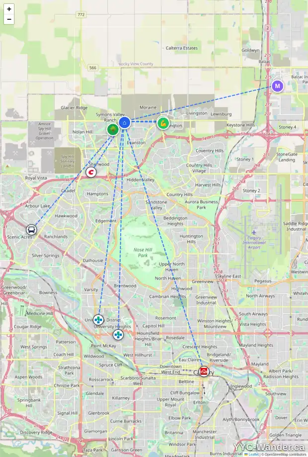 Daily accessibility map for 22 EVANSBOROUGH VW NW, Calgary showing nearby schools, grocery stores, parks, LRT stations and nearby amenities