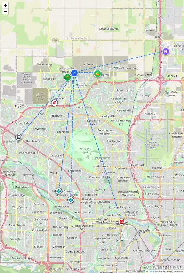 Daily accessibility map for 18 EVANSBOROUGH VW NW, Calgary showing nearby schools, grocery stores, parks, LRT stations and nearby amenities