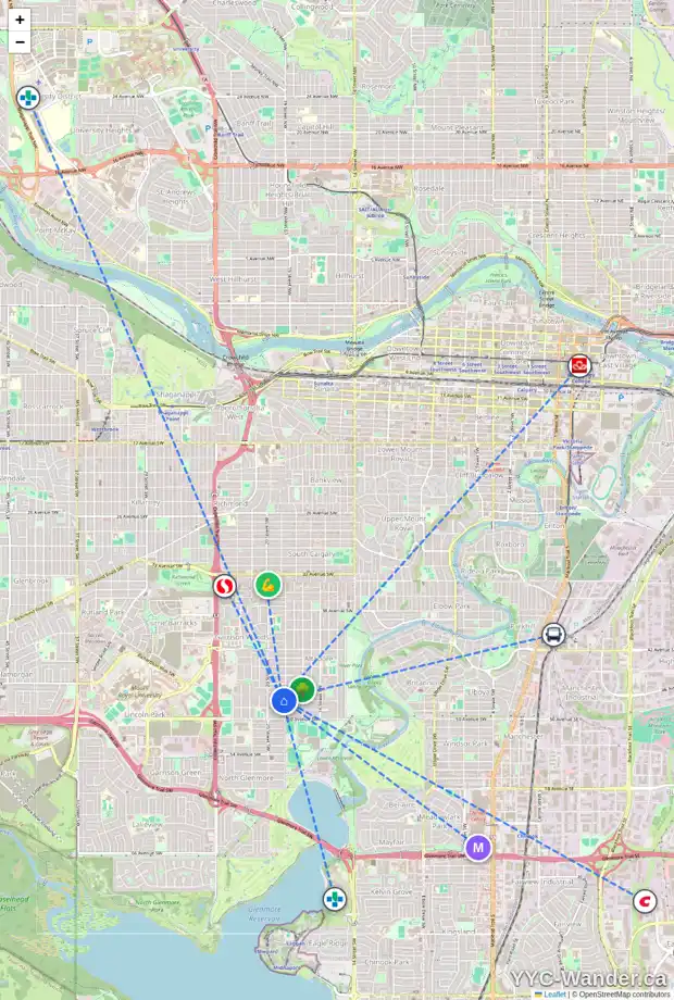 Daily accessibility map for 2008 48 AV SW, Calgary showing nearby schools, grocery stores, parks, LRT stations and nearby amenities