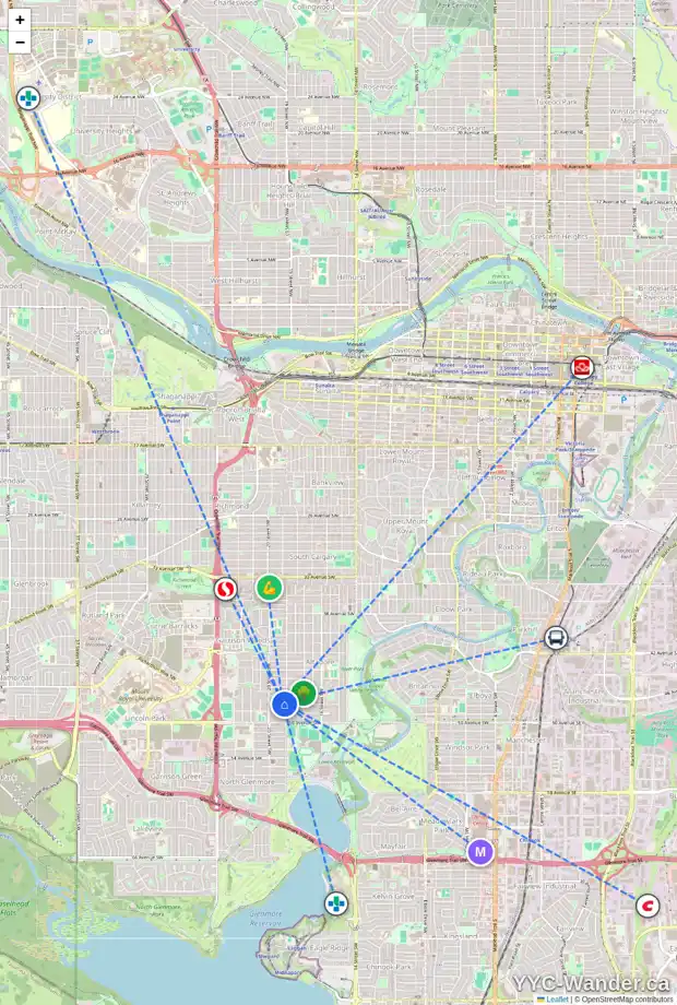 Daily accessibility map for 2010 48 AV SW, Calgary showing nearby schools, grocery stores, parks, LRT stations and nearby amenities
