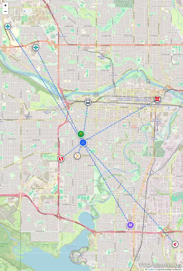 Daily accessibility map for 204 1819 27 AV SW, Calgary showing nearby schools, grocery stores, parks, LRT stations and nearby amenities
