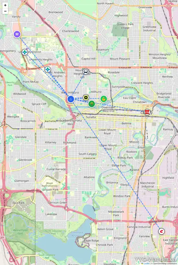 Daily accessibility map for 2338 WESTMOUNT RD NW, Calgary showing nearby schools, grocery stores, parks, LRT stations and nearby amenities