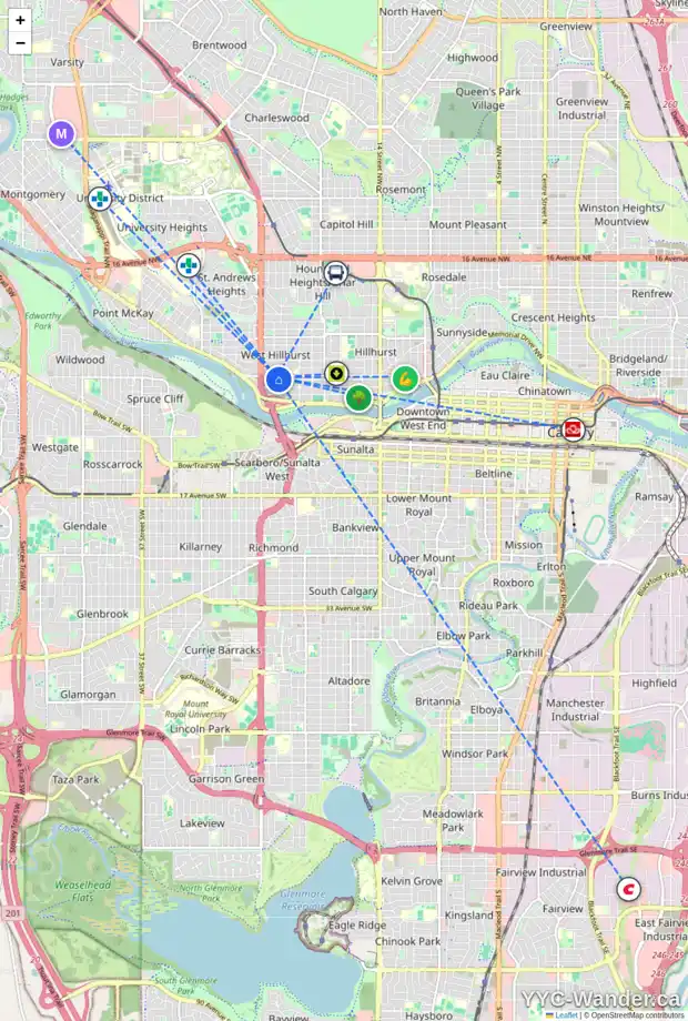 Daily accessibility map for 2336 WESTMOUNT RD NW, Calgary showing nearby schools, grocery stores, parks, LRT stations and nearby amenities