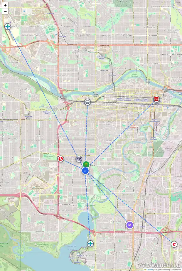 Daily accessibility map for 4024 16A ST SW, Calgary showing nearby schools, grocery stores, parks, LRT stations and nearby amenities