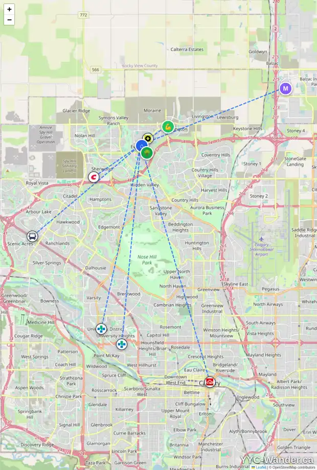 Daily accessibility map for 1907 EVANSTON SQ NW, Calgary showing nearby schools, grocery stores, parks, LRT stations and nearby amenities