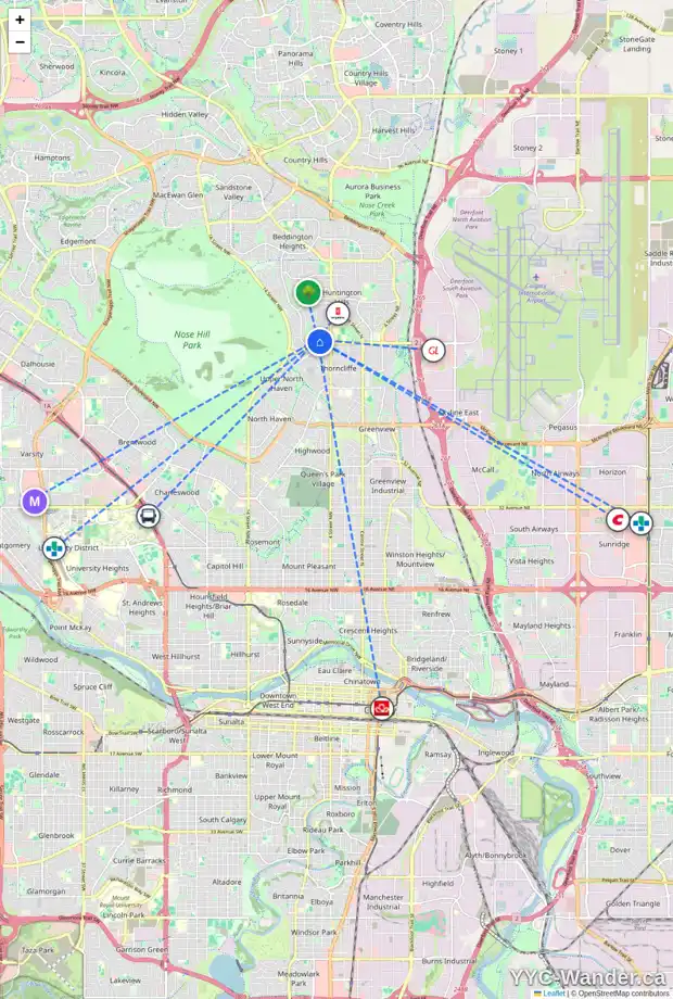 Daily accessibility map for 735 64 AV NW, Calgary showing nearby schools, grocery stores, parks, LRT stations and nearby amenities