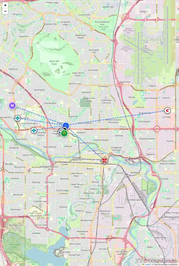 Daily accessibility map for 1629 19 AV NW, Calgary showing nearby schools, grocery stores, parks, LRT stations and nearby amenities