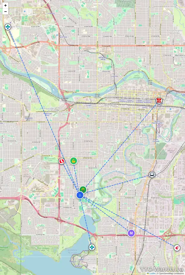 Daily accessibility map for 1940 49 AV SW, Calgary showing nearby schools, grocery stores, parks, LRT stations and nearby amenities