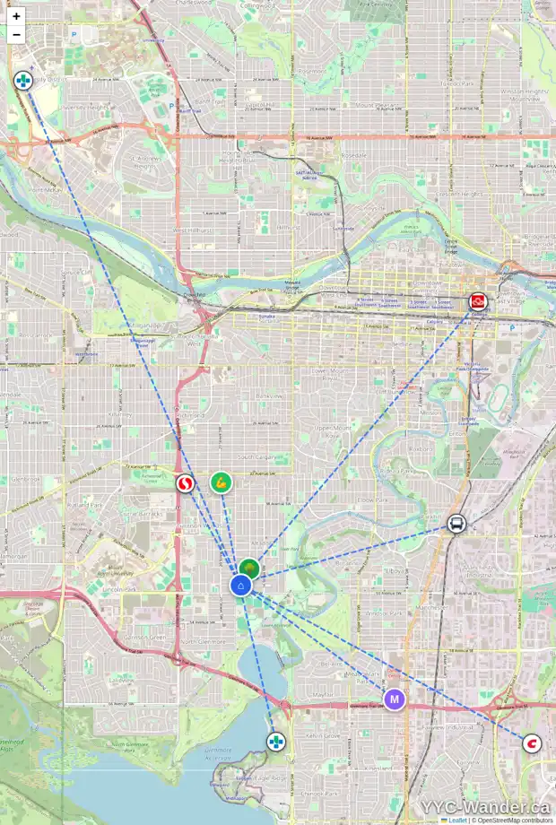 Daily accessibility map for 1938 49 AV SW, Calgary showing nearby schools, grocery stores, parks, LRT stations and nearby amenities
