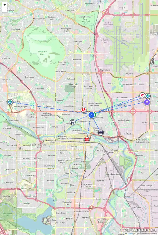 Daily accessibility map for 515 14 AV NE, Calgary showing nearby schools, grocery stores, parks, LRT stations and nearby amenities