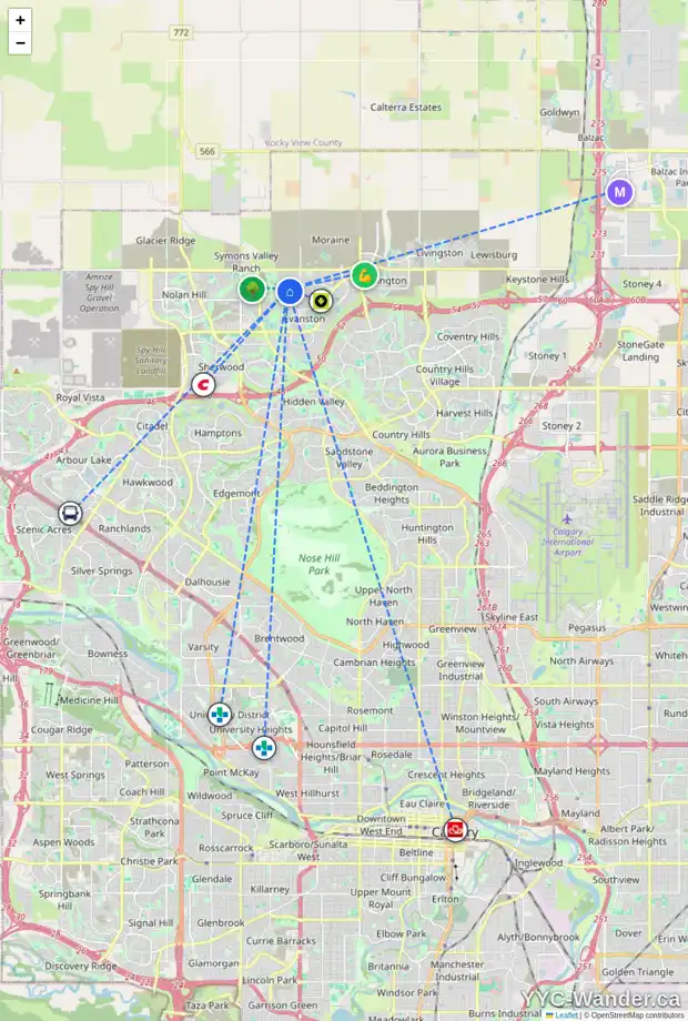 Daily accessibility map for 1112 EVANSRIDGE PA NW, Calgary showing nearby schools, grocery stores, parks, LRT stations and nearby amenities