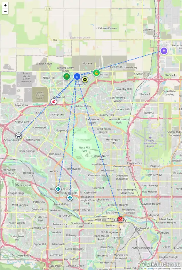 Daily accessibility map for 103 EVANSRIDGE PA NW, Calgary showing nearby schools, grocery stores, parks, LRT stations and nearby amenities
