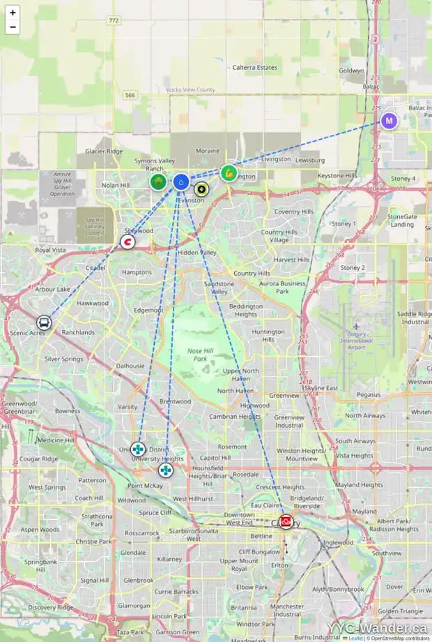 Daily accessibility map for 510 EVANSRIDGE PA NW, Calgary showing nearby schools, grocery stores, parks, LRT stations and nearby amenities