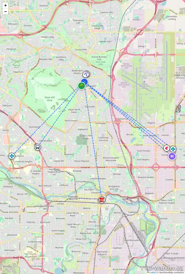 Daily accessibility map for 623 78 AV NW, Calgary showing nearby schools, grocery stores, parks, LRT stations and nearby amenities