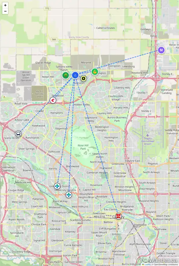 Daily accessibility map for 505 EVANSRIDGE PA NW, Calgary showing nearby schools, grocery stores, parks, LRT stations and nearby amenities