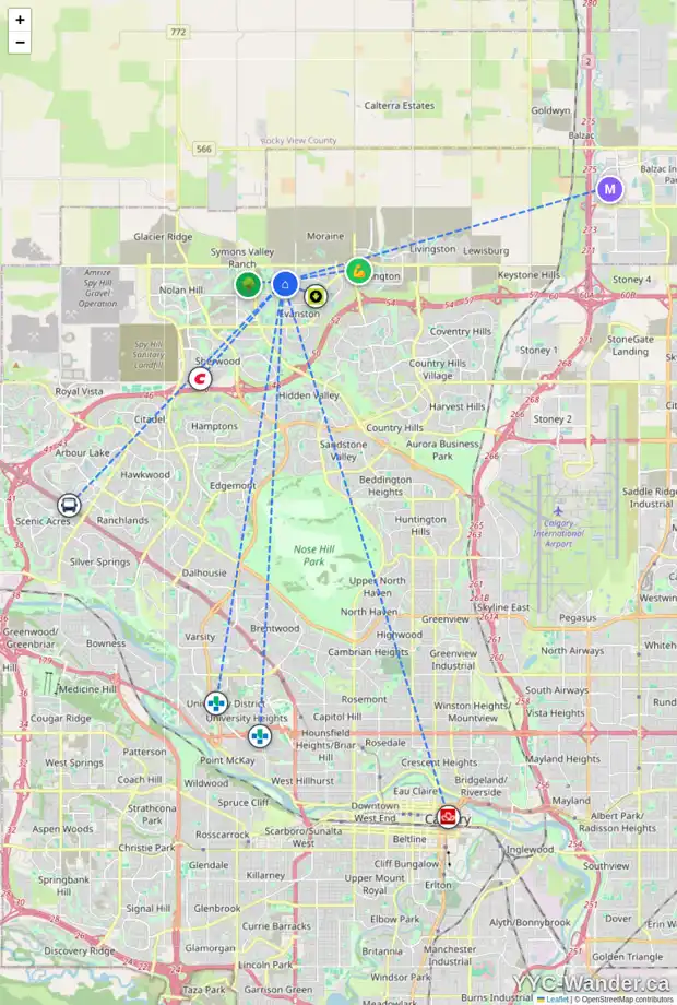 Daily accessibility map for 121 EVANSRIDGE PA NW, Calgary showing nearby schools, grocery stores, parks, LRT stations and nearby amenities