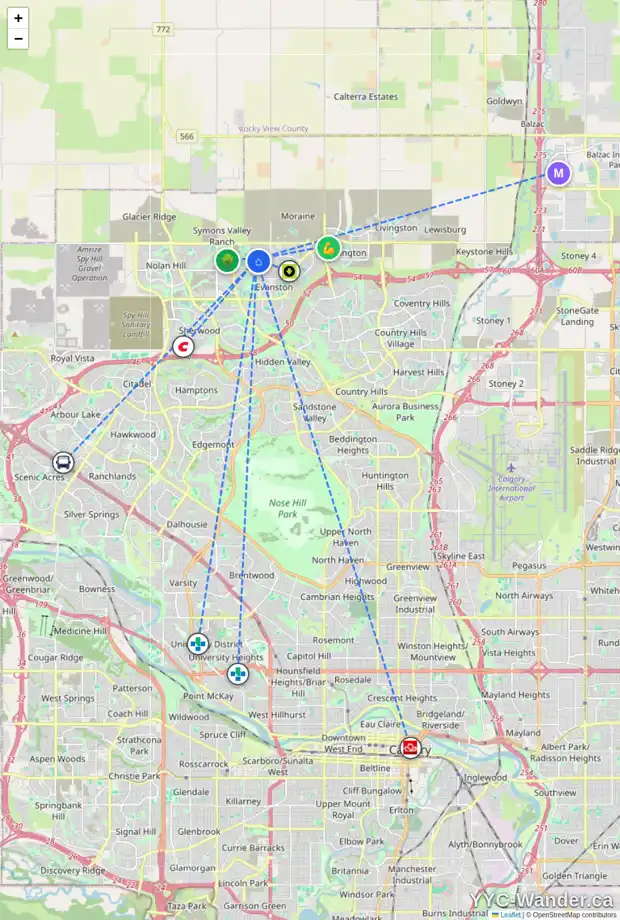 Daily accessibility map for 907 EVANSRIDGE PA NW, Calgary showing nearby schools, grocery stores, parks, LRT stations and nearby amenities