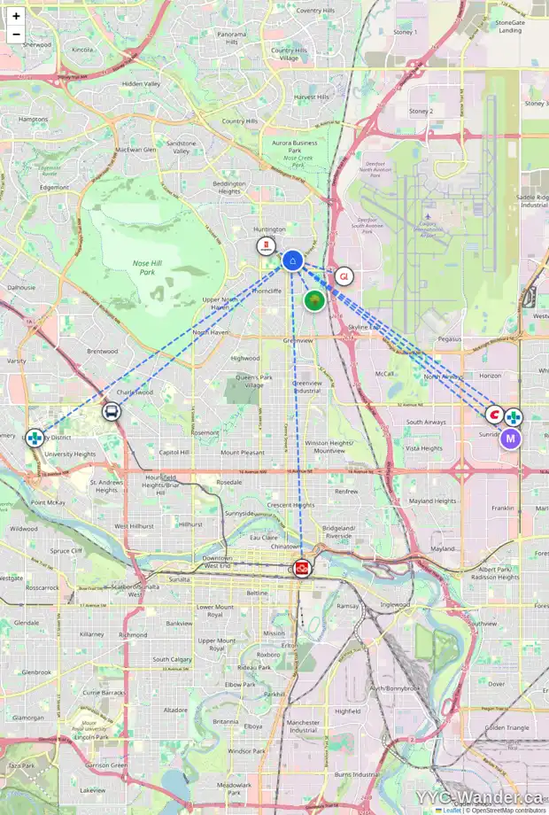 Daily accessibility map for 6803 HUNTRIDGE HL NE, Calgary showing nearby schools, grocery stores, parks, LRT stations and nearby amenities