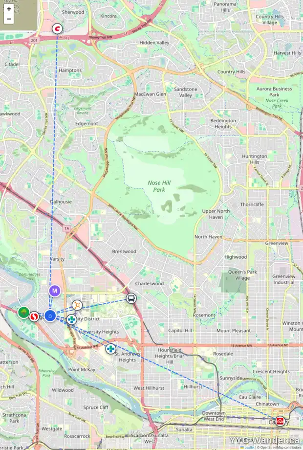 Daily accessibility map for 2131 47 ST NW, Calgary showing nearby schools, grocery stores, parks, LRT stations and nearby amenities