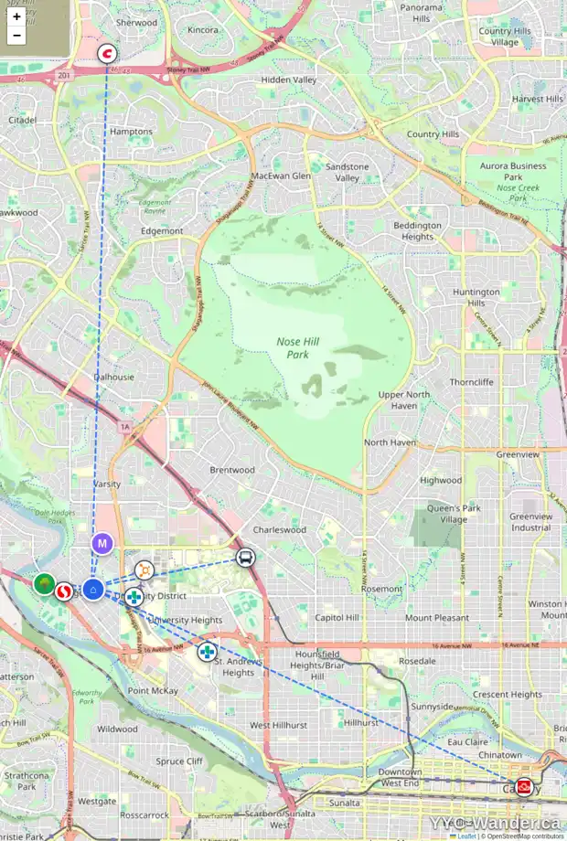 Daily accessibility map for 4803 21 AV NW, Calgary showing nearby schools, grocery stores, parks, LRT stations and nearby amenities