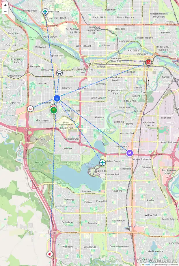 Daily accessibility map for 3619 KILDARE CR SW, Calgary showing nearby schools, grocery stores, parks, LRT stations and nearby amenities