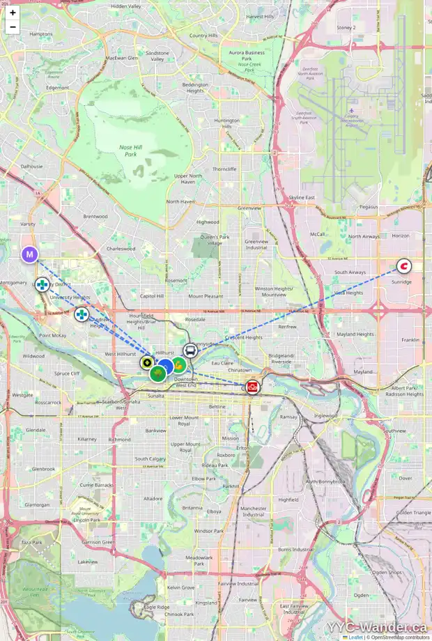 Daily accessibility map for 1621 WESTMOUNT RD NW, Calgary showing nearby schools, grocery stores, parks, LRT stations and nearby amenities