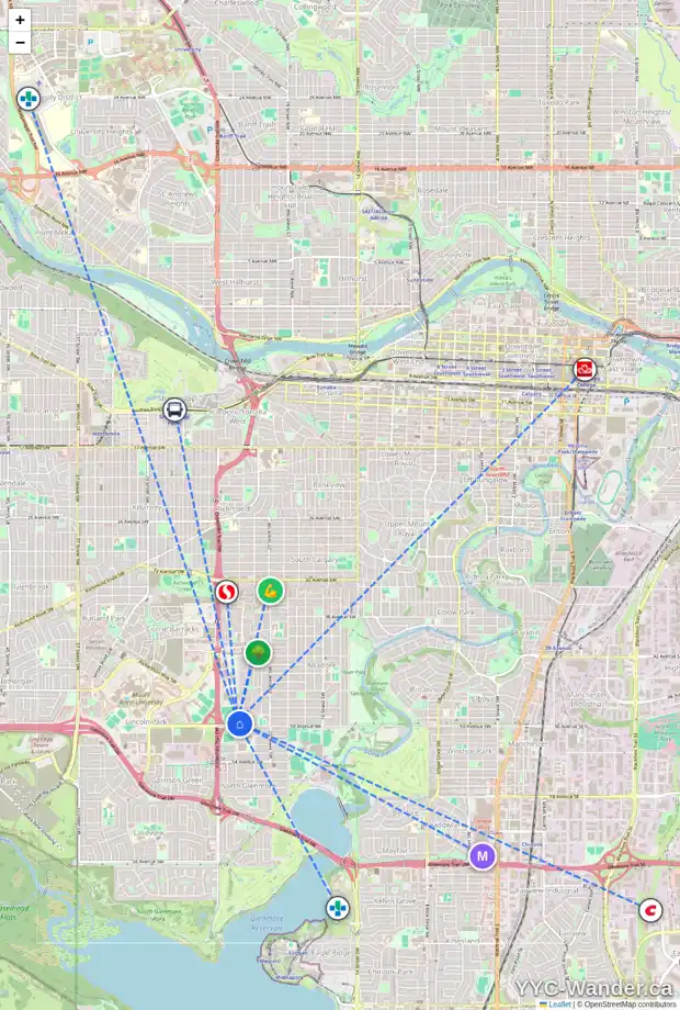 Daily accessibility map for 5026 22 ST SW, Calgary showing nearby schools, grocery stores, parks, LRT stations and nearby amenities