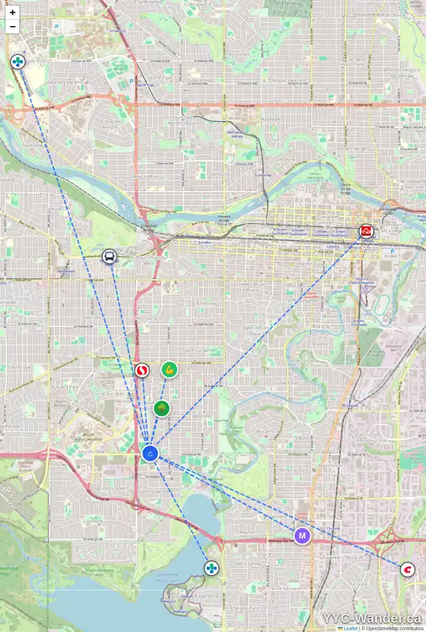 Daily accessibility map for 5028 22 ST SW, Calgary showing nearby schools, grocery stores, parks, LRT stations and nearby amenities