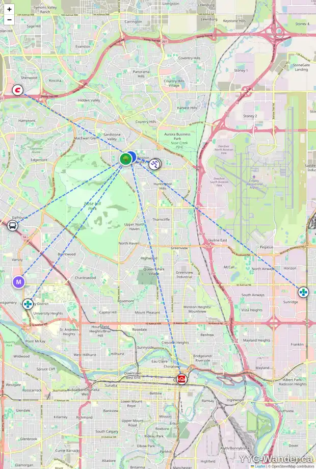 Daily accessibility map for 56 BERWICK RI NW, Calgary showing nearby schools, grocery stores, parks, LRT stations and nearby amenities