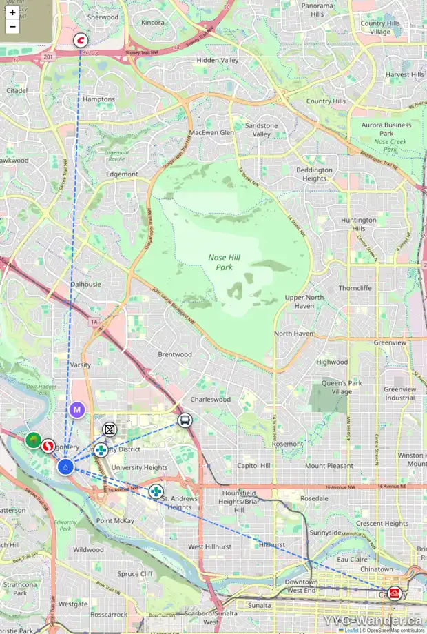 Daily accessibility map for 2 4613 17 AV NW, Calgary showing nearby schools, grocery stores, parks, LRT stations and nearby amenities