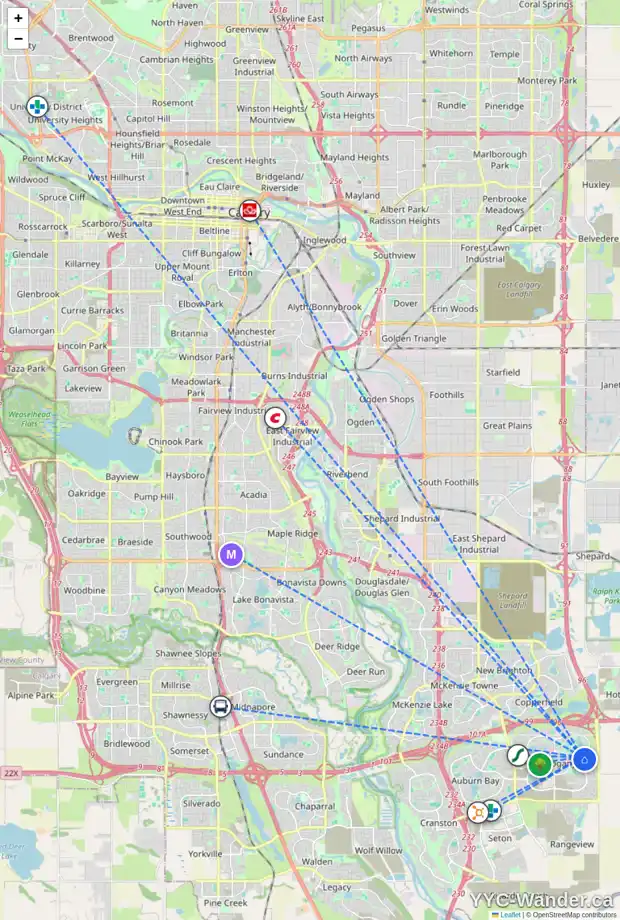 Daily accessibility map for 180 MASTERS RI SE, Calgary showing nearby schools, grocery stores, parks, LRT stations and nearby amenities