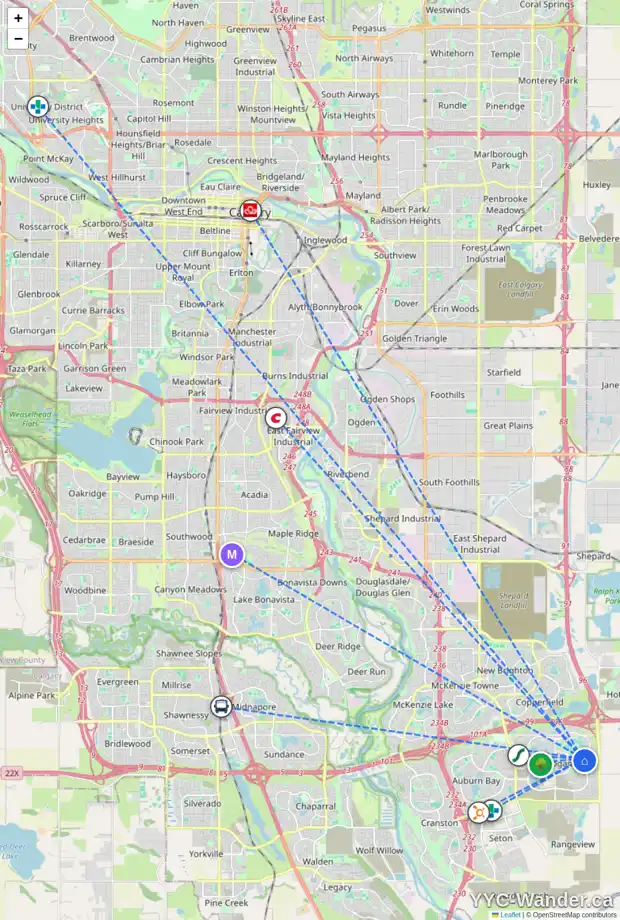 Daily accessibility map for 165 MASTERS RI SE, Calgary showing nearby schools, grocery stores, parks, LRT stations and nearby amenities