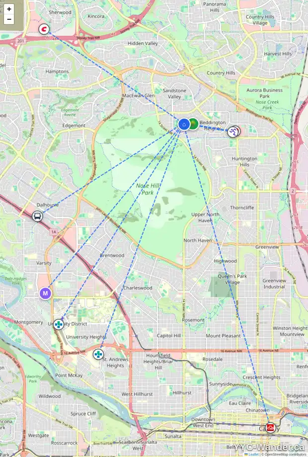 Daily accessibility map for 43 BEACHAM WY NW, Calgary showing nearby schools, grocery stores, parks, LRT stations and nearby amenities