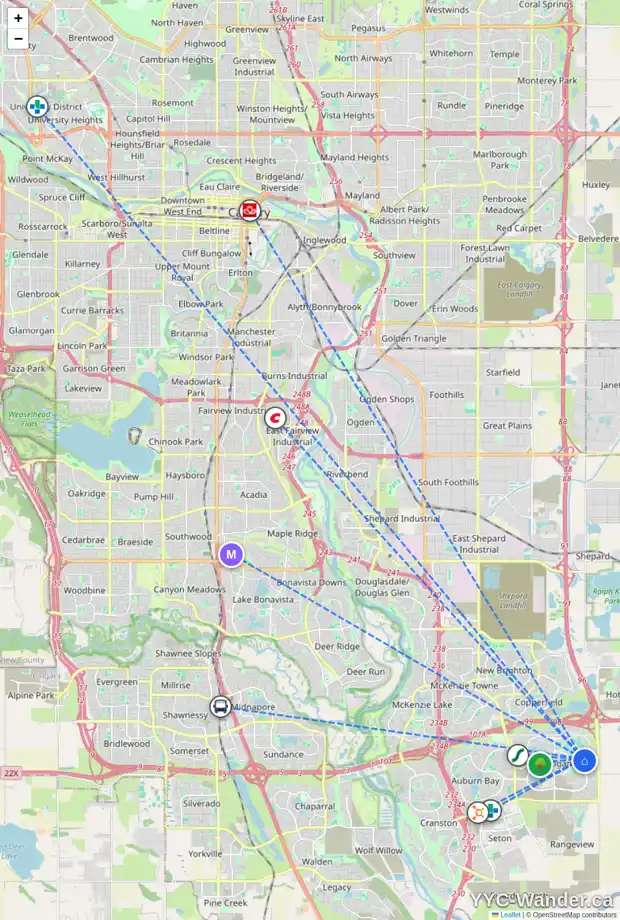 Daily accessibility map for 181 MASTERS RI SE, Calgary showing nearby schools, grocery stores, parks, LRT stations and nearby amenities