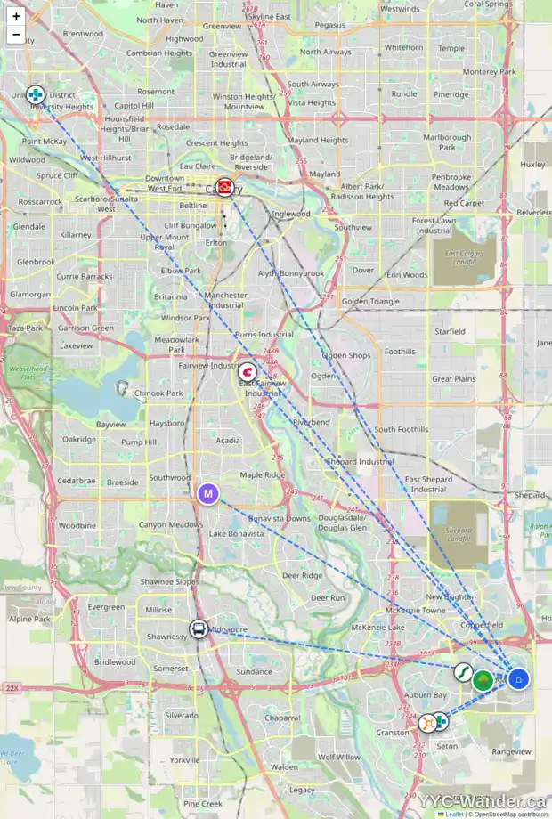 Daily accessibility map for 107 MASTERS RI SE, Calgary showing nearby schools, grocery stores, parks, LRT stations and nearby amenities