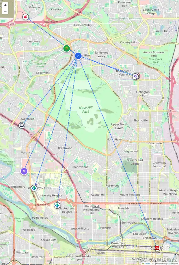 Daily accessibility map for 227 MACEWAN DR NW, Calgary showing nearby schools, grocery stores, parks, LRT stations and nearby amenities
