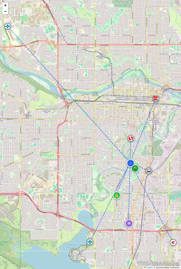 Daily accessibility map for 231 37 AV SW, Calgary showing nearby schools, grocery stores, parks, LRT stations and nearby amenities