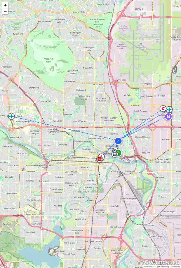 Daily accessibility map for 1036 DRURY AV NE, Calgary showing nearby schools, grocery stores, parks, LRT stations and nearby amenities