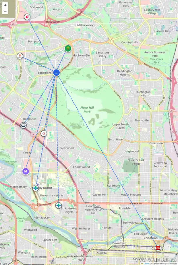 Daily accessibility map for 76 EDGEBROOK WY NW, Calgary showing nearby schools, grocery stores, parks, LRT stations and nearby amenities