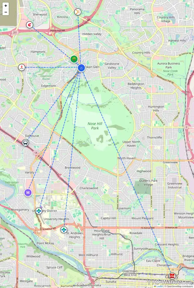 Daily accessibility map for 100 MACEWAN PARK CL NW, Calgary showing nearby schools, grocery stores, parks, LRT stations and nearby amenities