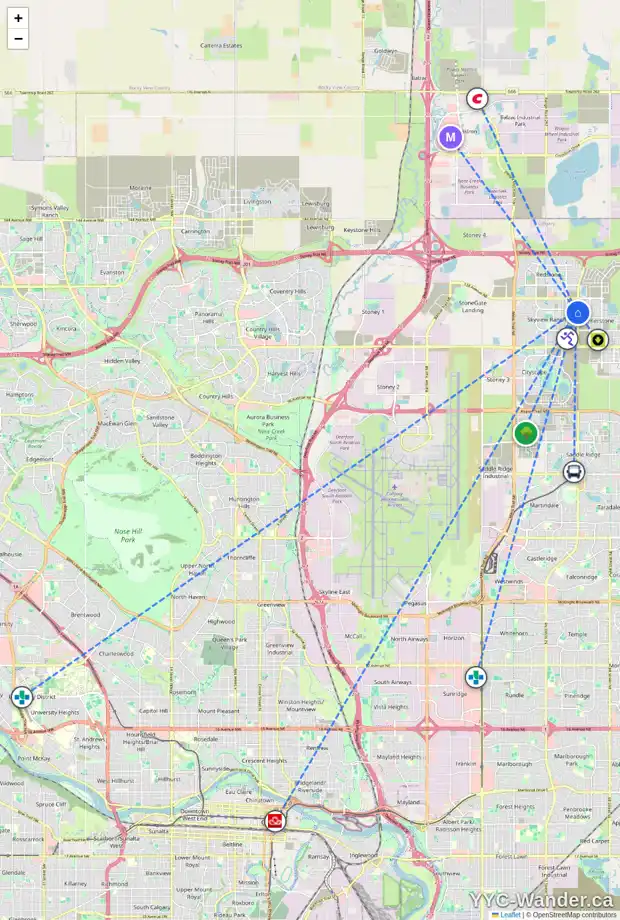 Daily accessibility map for 608 SKYVIEW RANCH GV NE, Calgary showing nearby schools, grocery stores, parks, LRT stations and nearby amenities