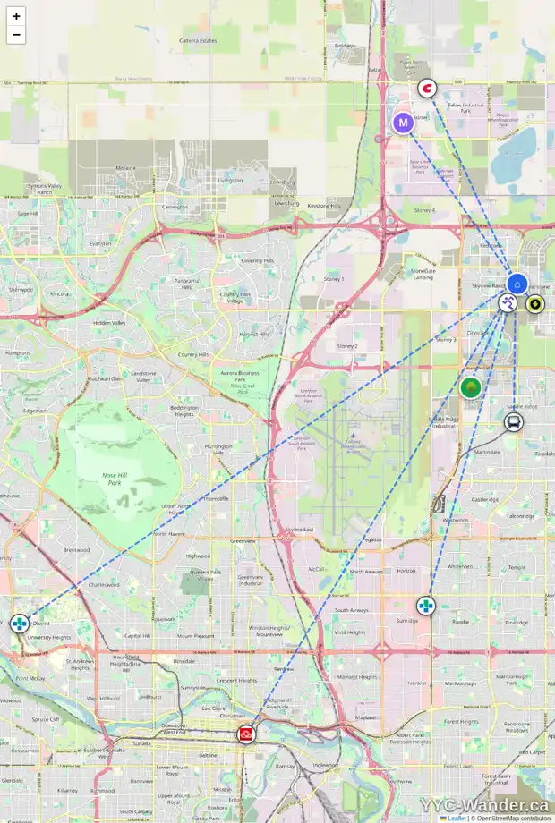 Daily accessibility map for 654 SKYVIEW RANCH GV NE, Calgary showing nearby schools, grocery stores, parks, LRT stations and nearby amenities