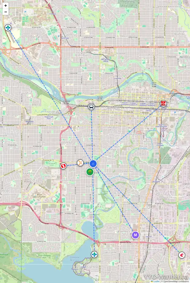 Daily accessibility map for 1633 33 AV SW, Calgary showing nearby schools, grocery stores, parks, LRT stations and nearby amenities