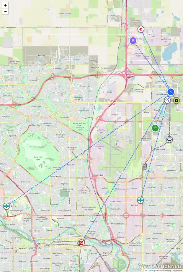 Daily accessibility map for 311 SKYVIEW RANCH GV NE, Calgary showing nearby schools, grocery stores, parks, LRT stations and nearby amenities